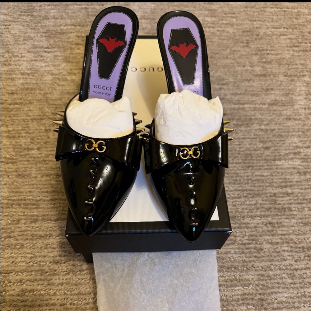 Gucci Black Patent Leather Mules with Gold Accents